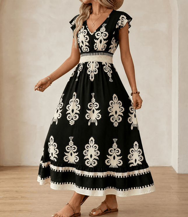 Women's Maxi Dress in Baroque Print with Smocked Waist and Cap Sleeve