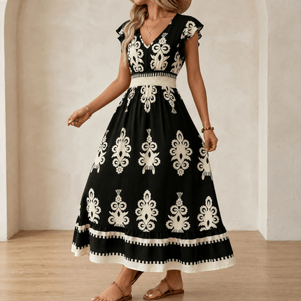 Women's Maxi Dress in Baroque Print with Smocked Waist and Cap Sleeve