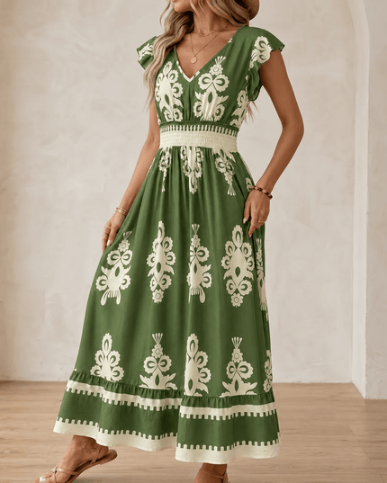 Women's Maxi Dress in Baroque Print with Smocked Waist and Cap Sleeve