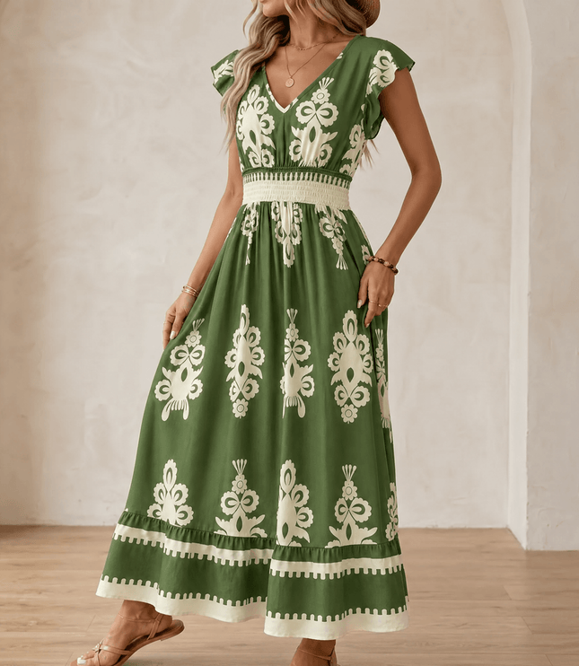 Women's Maxi Dress in Baroque Print with Smocked Waist and Cap Sleeve