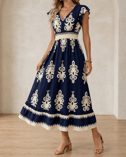 Women's Maxi Dress in Baroque Print with Smocked Waist and Cap Sleeve