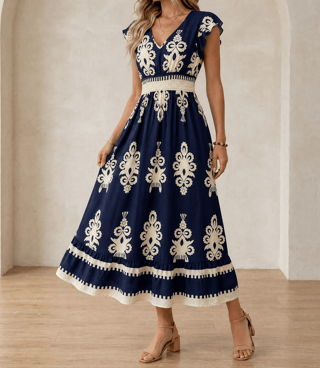 Women's Maxi Dress in Baroque Print with Smocked Waist and Cap Sleeve