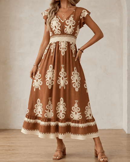Women's Maxi Dress in Baroque Print with Smocked Waist and Cap Sleeve