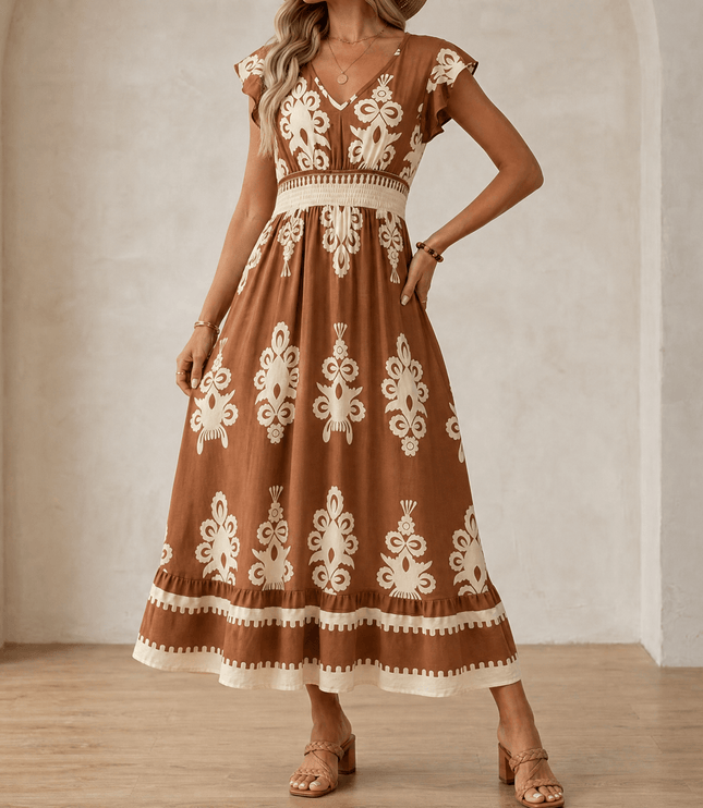 Women's Maxi Dress in Baroque Print with Smocked Waist and Cap Sleeve