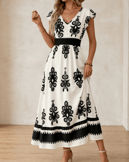 Women's Maxi Dress in Baroque Print with Smocked Waist and Cap Sleeve