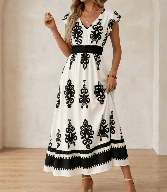 Women's Maxi Dress in Baroque Print with Smocked Waist and Cap Sleeve