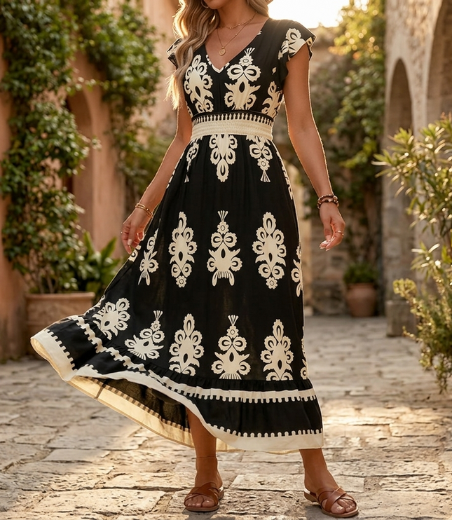 Women's Maxi Dress in Baroque Print with Smocked Waist and Cap Sleeve