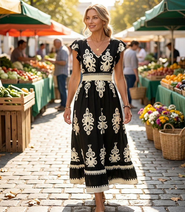 Women's Maxi Dress in Baroque Print with Smocked Waist and Cap Sleeve