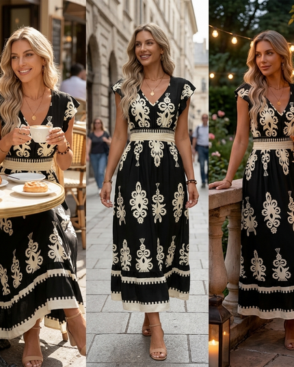 Women's Maxi Dress in Baroque Print with Smocked Waist and Cap Sleeve