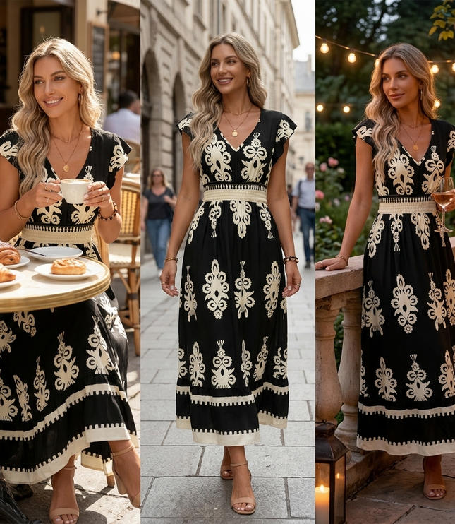 Women's Maxi Dress in Baroque Print with Smocked Waist and Cap Sleeve