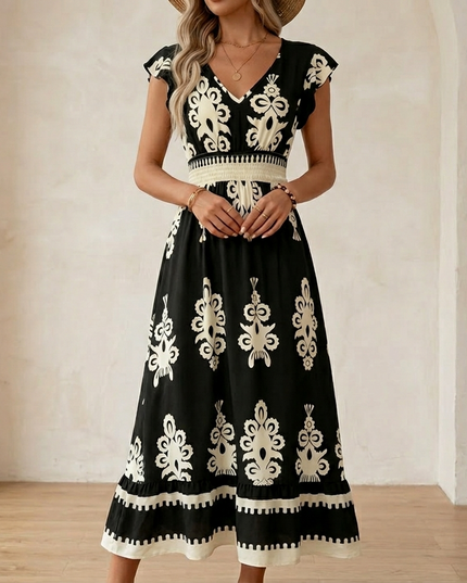 Women's Maxi Dress in Baroque Print with Smocked Waist and Cap Sleeve