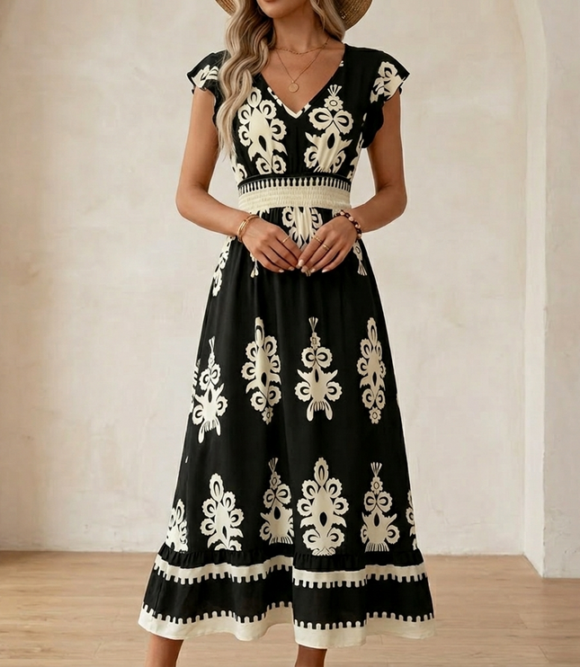 Women's Maxi Dress in Baroque Print with Smocked Waist and Cap Sleeve