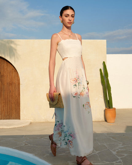 Women's Maxi Dress in Floral with Cut Out Waist and Scallop Hem