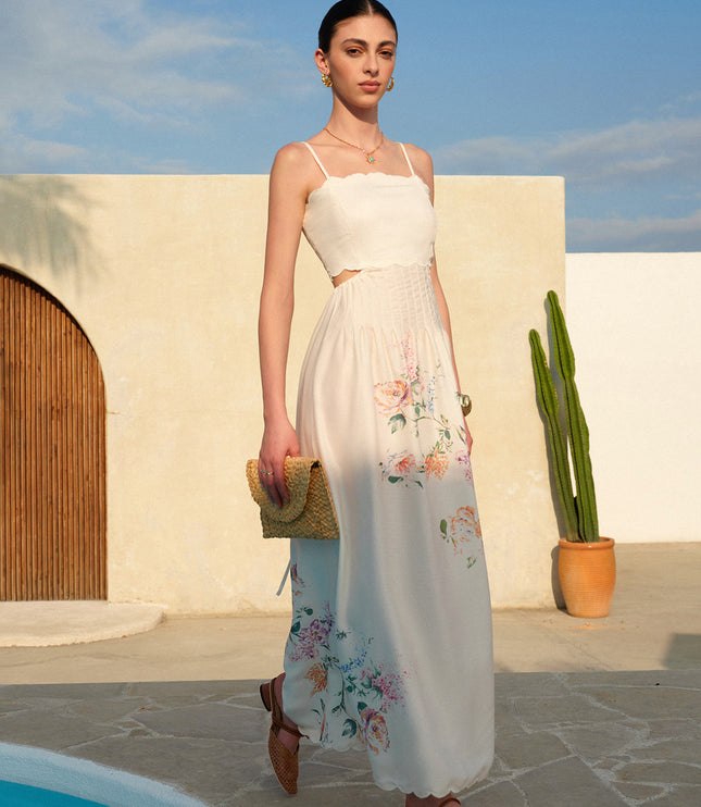 Women's Maxi Dress in Floral with Cut Out Waist and Scallop Hem