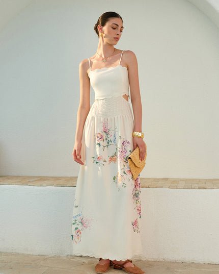 Women's Maxi Dress in Floral with Cut Out Waist and Scallop Hem
