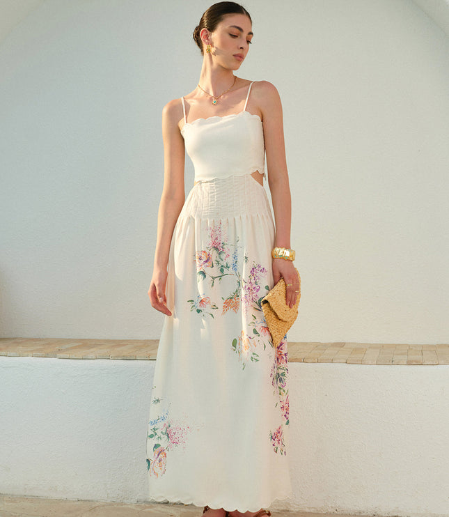 Women's Maxi Dress in Floral with Cut Out Waist and Scallop Hem