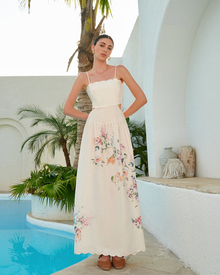 Women's Maxi Dress in Floral with Cut Out Waist and Scallop Hem