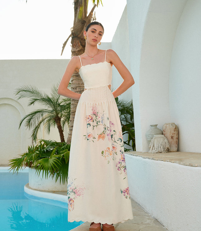 Women's Maxi Dress in Floral with Cut Out Waist and Scallop Hem