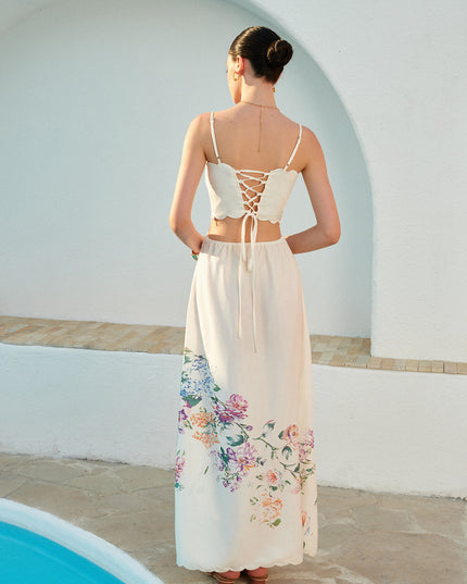 Women's Maxi Dress in Floral with Cut Out Waist and Scallop Hem