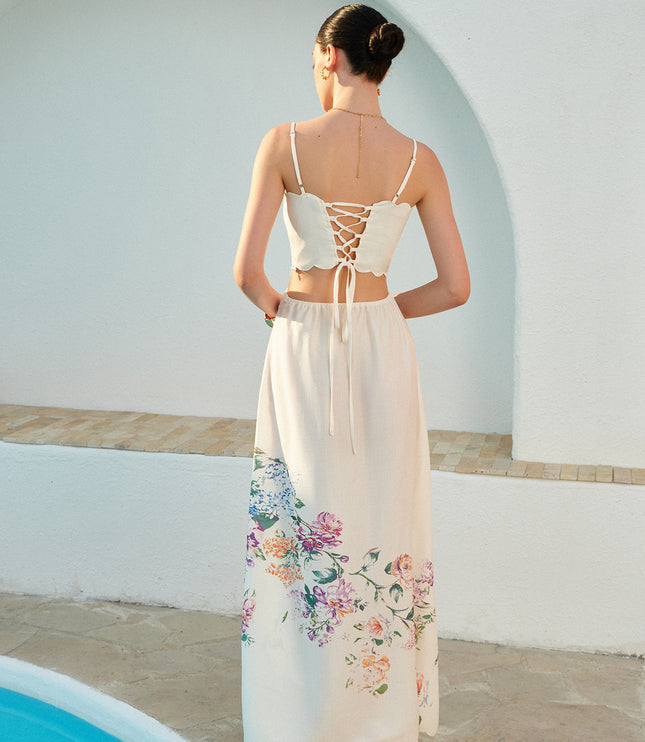 Women's Maxi Dress in Floral with Cut Out Waist and Scallop Hem