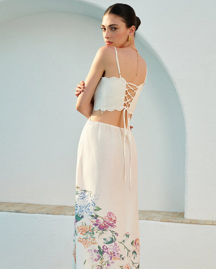 Women's Maxi Dress in Floral with Cut Out Waist and Scallop Hem