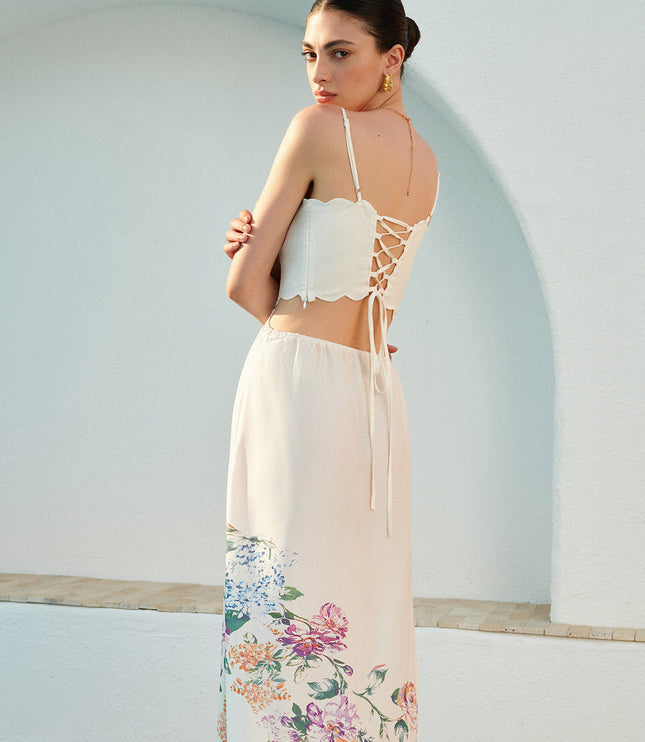 Women's Maxi Dress in Floral with Cut Out Waist and Scallop Hem