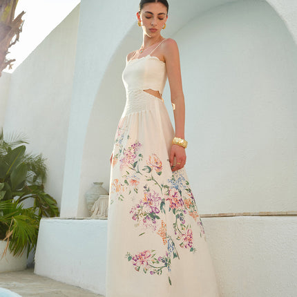 Women's Maxi Dress in Floral with Cut Out Waist and Scallop Hem