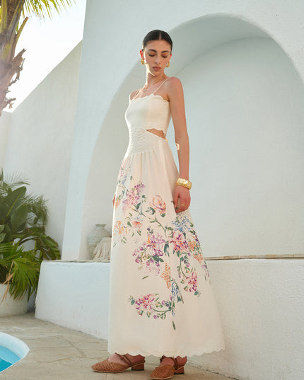 Women's Maxi Dress in Floral with Cut Out Waist and Scallop Hem