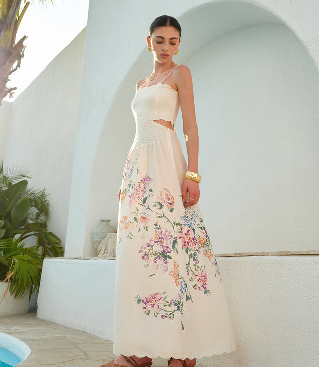 Women's Maxi Dress in Floral with Cut Out Waist and Scallop Hem