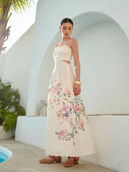 Women's Maxi Dress in Floral with Cut Out Waist and Scallop Hem