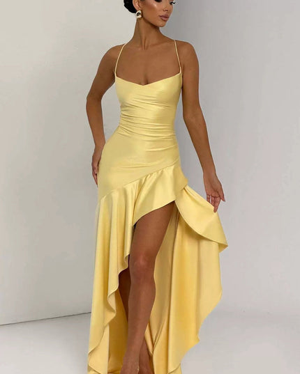 Women's Maxi Dress with High-Low Hem and Thigh-High Slit