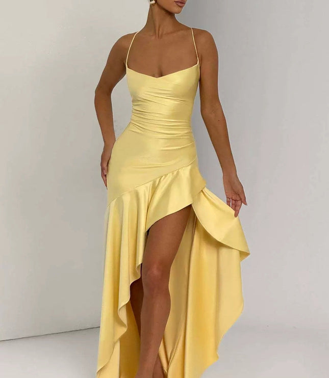 Women's Maxi Dress with High-Low Hem and Thigh-High Slit