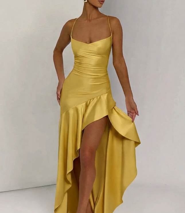 Women's Maxi Dress with High-Low Hem and Thigh-High Slit