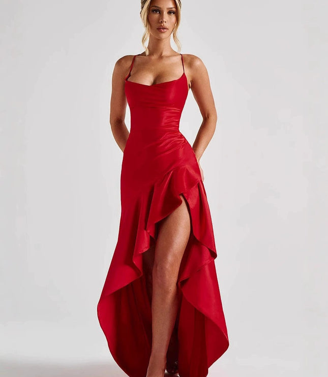 Women's Maxi Dress with High-Low Hem and Thigh-High Slit