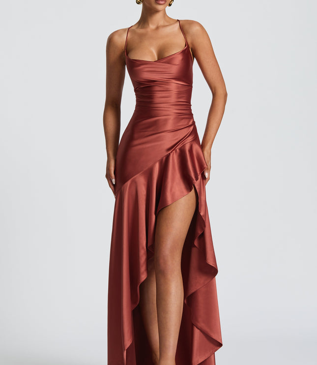 Women's Maxi Dress with High-Low Hem and Thigh-High Slit