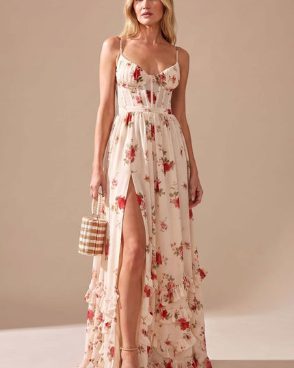 Women's Maxi Dress with High Split, Ruffle Hem and Floral Print