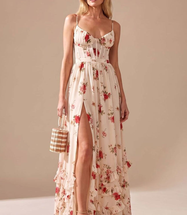Women's Maxi Dress with High Split, Ruffle Hem and Floral Print