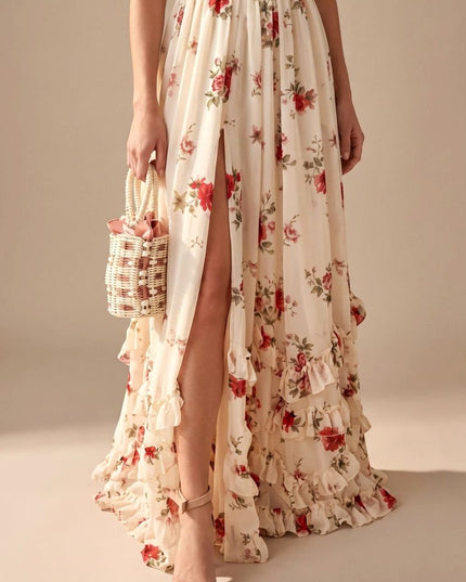 Women's Maxi Dress with High Split, Ruffle Hem and Floral Print