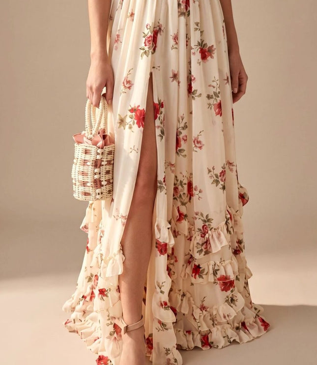 Women's Maxi Dress with High Split, Ruffle Hem and Floral Print