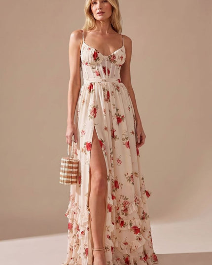 Women's Maxi Dress with High Split, Ruffle Hem and Floral Print