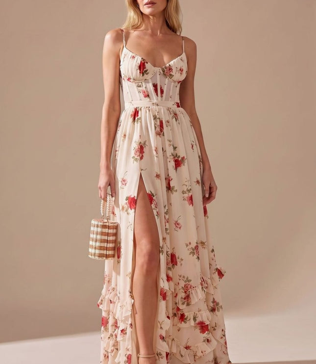 Women's Maxi Dress with High Split, Ruffle Hem and Floral Print