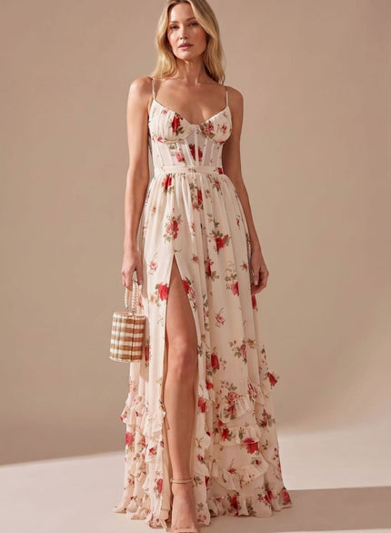 Women's Maxi Dress with High Split, Ruffle Hem and Floral Print
