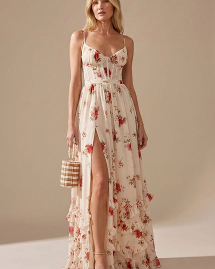 Women's Maxi Dress with High Split, Ruffle Hem and Floral Print
