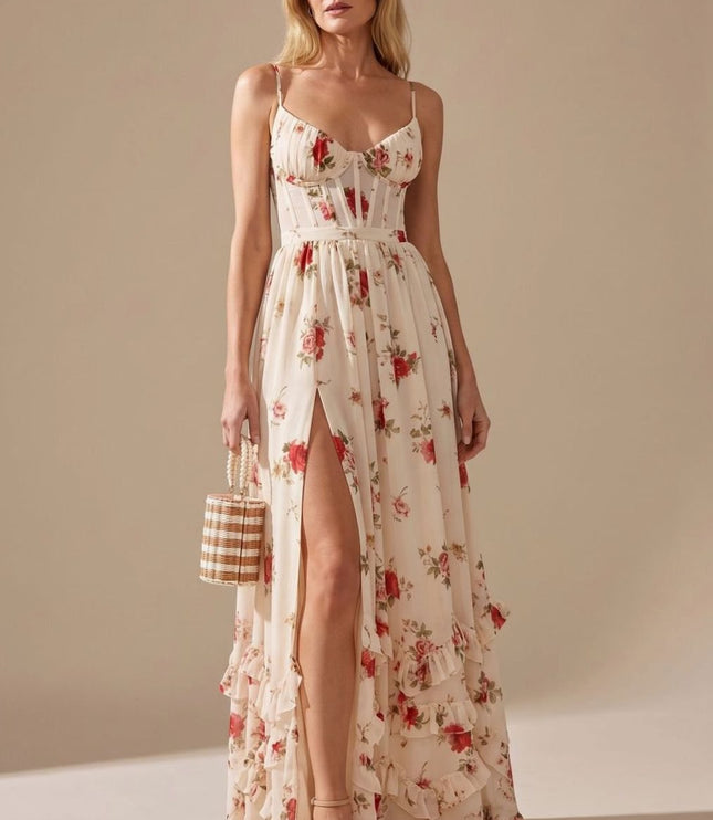 Women's Maxi Dress with High Split, Ruffle Hem and Floral Print