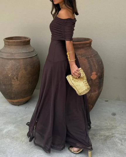 Women's Maxi Dress with Off-Shoulder Sleeves and Sheer Skirt
