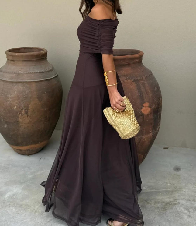 Women's Maxi Dress with Off-Shoulder Sleeves and Sheer Skirt
