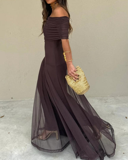 Women's Maxi Dress with Off-Shoulder Sleeves and Sheer Skirt