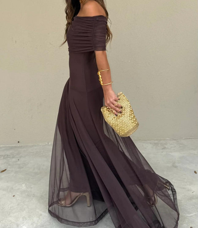 Women's Maxi Dress with Off-Shoulder Sleeves and Sheer Skirt
