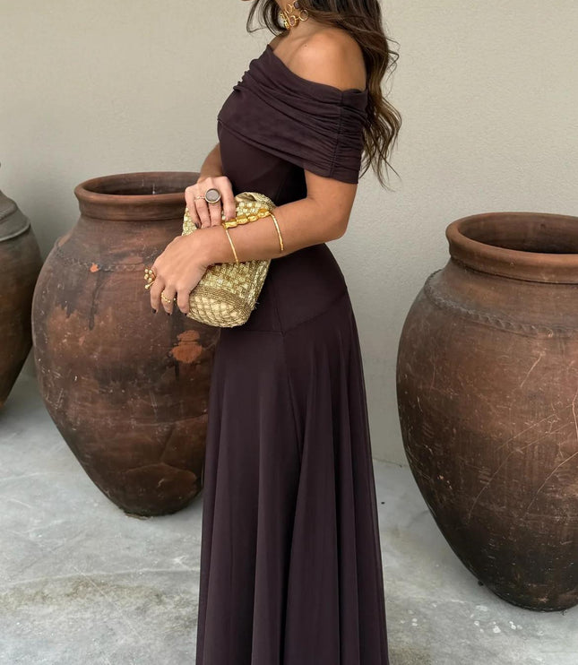 Women's Maxi Dress with Off-Shoulder Sleeves and Sheer Skirt
