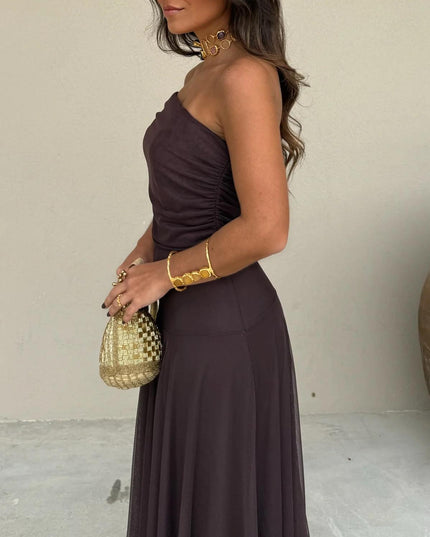 Women's Maxi Dress with Off-Shoulder Sleeves and Sheer Skirt